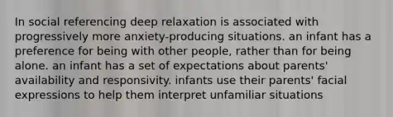 In social referencing deep relaxation is associated with progressively more anxiety-producing situations. an infant has a preference for being with other people, rather than for being alone. an infant has a set of expectations about parents' availability and responsivity. infants use their parents' facial expressions to help them interpret unfamiliar situations