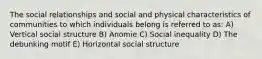 The social relationships and social and physical characteristics of communities to which individuals belong is referred to as: A) Vertical social structure B) Anomie C) Social inequality D) The debunking motif E) Horizontal social structure