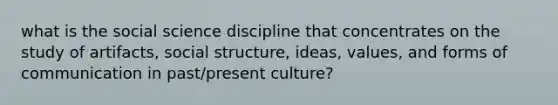 what is the social science discipline that concentrates on the study of artifacts, social structure, ideas, values, and forms of communication in past/present culture?