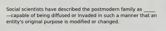 Social scientists have described the postmodern family as _____—capable of being diffused or invaded in such a manner that an entity's original purpose is modified or changed.