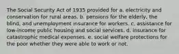 The Social Security Act of 1935 provided for a. electricity and conservation for rural areas. b. pensions for the elderly, the blind, and unemployment insurance for workers. c. assistance for low-income public housing and social services. d. insurance for catastrophic medical expenses. e. social welfare protections for the poor whether they were able to work or not.