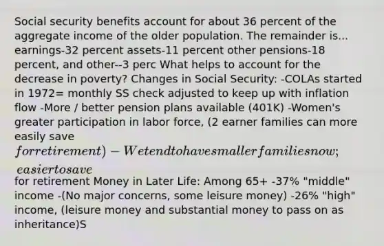 Social security benefits account for about 36 percent of the aggregate income of the older population. The remainder is... earnings-32 percent assets-11 percent other pensions-18 percent, and other--3 perc What helps to account for the decrease in poverty? Changes in Social Security: -COLAs started in 1972= monthly SS check adjusted to keep up with inflation flow -More / better pension plans available (401K) -Women's greater participation in labor force, (2 earner families can more easily save for retirement) -We tend to have smaller families now; easier to save for retirement Money in Later Life: Among 65+ -37% "middle" income -(No major concerns, some leisure money) -26% "high" income, (leisure money and substantial money to pass on as inheritance)S