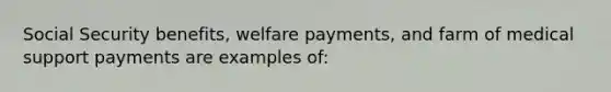 Social Security benefits, welfare payments, and farm of medical support payments are examples of: