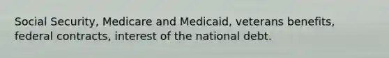 Social Security, Medicare and Medicaid, veterans benefits, federal contracts, interest of the national debt.