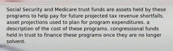 Social Security and Medicare trust funds are assets held by these programs to help pay for future projected tax revenue shortfalls. asset projections used to plan for program expenditures. a description of the cost of these programs. congressional funds held in trust to finance these programs once they are no longer solvent.