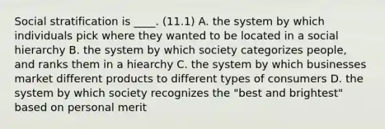 Social stratification is ____. (11.1) A. the system by which individuals pick where they wanted to be located in a social hierarchy B. the system by which society categorizes people, and ranks them in a hiearchy C. the system by which businesses market different products to different types of consumers D. the system by which society recognizes the "best and brightest" based on personal merit