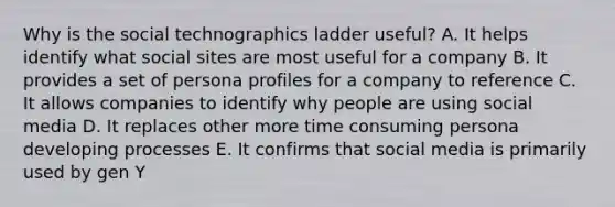 Why is the social technographics ladder useful? A. It helps identify what social sites are most useful for a company B. It provides a set of persona profiles for a company to reference C. It allows companies to identify why people are using social media D. It replaces other more time consuming persona developing processes E. It confirms that social media is primarily used by gen Y