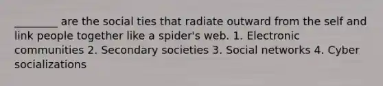 ________ are the social ties that radiate outward from the self and link people together like a spider's web. 1. Electronic communities 2. Secondary societies 3. Social networks 4. Cyber socializations