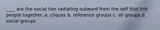 ____ are the social ties radiating outward from the self that link people together. a. cliques b. reference groups c. all groups d. social groups
