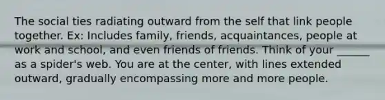 The social ties radiating outward from the self that link people together. Ex: Includes family, friends, acquaintances, people at work and school, and even friends of friends. Think of your ______ as a spider's web. You are at the center, with lines extended outward, gradually encompassing more and more people.