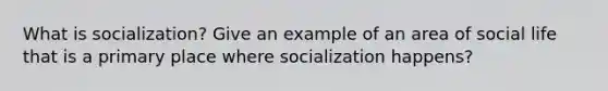 What is socialization? Give an example of an area of social life that is a primary place where socialization happens?