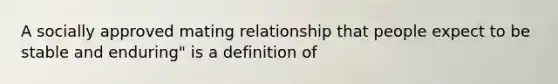 A socially approved mating relationship that people expect to be stable and enduring" is a definition of