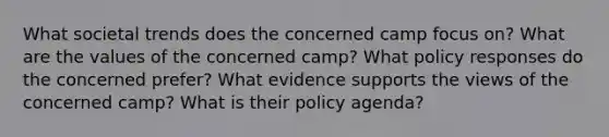 What societal trends does the concerned camp focus on? What are the values of the concerned camp? What policy responses do the concerned prefer? What evidence supports the views of the concerned camp? What is their policy agenda?