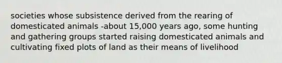 societies whose subsistence derived from the rearing of domesticated animals -about 15,000 years ago, some hunting and gathering groups started raising domesticated animals and cultivating fixed plots of land as their means of livelihood