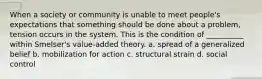 When a society or community is unable to meet people's expectations that something should be done about a problem, tension occurs in the system. This is the condition of __________ within Smelser's value-added theory. a. spread of a generalized belief b. mobilization for action c. structural strain d. social control