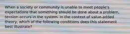 When a society or community is unable to meet people's expectations that something should be done about a problem, tension occurs in the system. In the context of value-added theory, which of the following conditions does this statement best illustrate?