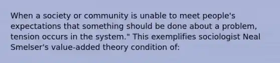 When a society or community is unable to meet people's expectations that something should be done about a problem, tension occurs in the system." This exemplifies sociologist Neal Smelser's value-added theory condition of: