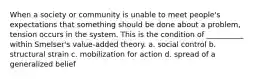 When a society or community is unable to meet people's expectations that something should be done about a problem, tension occurs in the system. This is the condition of __________ within Smelser's value-added theory. a. social control b. structural strain c. mobilization for action d. spread of a generalized belief