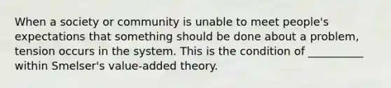 When a society or community is unable to meet people's expectations that something should be done about a problem, tension occurs in the system. This is the condition of __________ within Smelser's value-added theory.​