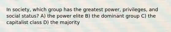 In society, which group has the greatest power, privileges, and social status? A) the power elite B) the dominant group C) the capitalist class D) the majority