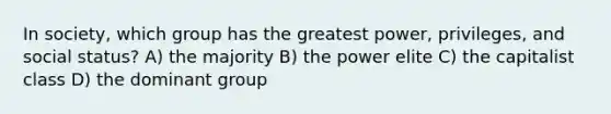 In society, which group has the greatest power, privileges, and social status? A) the majority B) the power elite C) the capitalist class D) the dominant group