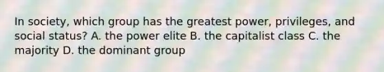 In society, which group has the greatest power, privileges, and social status? A. the power elite B. the capitalist class C. the majority D. the dominant group