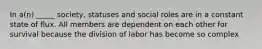 In a(n) _____ society, statuses and social roles are in a constant state of flux. All members are dependent on each other for survival because the division of labor has become so complex