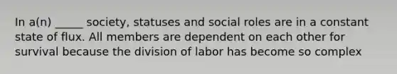 In a(n) _____ society, statuses and social roles are in a constant state of flux. All members are dependent on each other for survival because the division of labor has become so complex