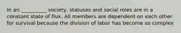 In an __________ society, statuses and social roles are in a constant state of flux. All members are dependent on each other for survival because the division of labor has become so complex