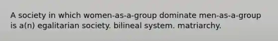 A society in which women-as-a-group dominate men-as-a-group is a(n) egalitarian society. bilineal system. matriarchy.