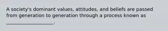 A society's dominant values, attitudes, and beliefs are passed from generation to generation through a process known as ____________________.