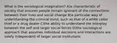 What is the sociological imagination? A)a characteristic of society that ensures people remain ignorant of the connections between their lives and social change B)a particular way of understanding the criminal mind, such as that of a white collar thief or a drug dealer C)the ability to understand the interplay between the self and larger social forces D)the sociological approach that assumes individual decisions and interactions are solely independent of larger social institutions