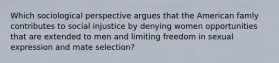 Which sociological perspective argues that the American famly contributes to social injustice by denying women opportunities that are extended to men and limiting freedom in sexual expression and mate selection?