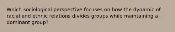 Which sociological perspective focuses on how the dynamic of racial and ethnic relations divides groups while maintaining a dominant group?