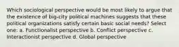 Which sociological perspective would be most likely to argue that the existence of big-city political machines suggests that these political organizations satisfy certain basic social needs? Select one: a. Functionalist perspective b. Conflict perspective c. Interactionist perspective d. Global perspective