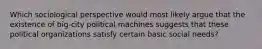 Which sociological perspective would most likely argue that the existence of big-city political machines suggests that these political organizations satisfy certain basic social needs?
