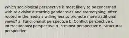 Which sociological perspective is most likely to be concerned with television distorting gender roles and stereotyping, often rooted in the media's willingness to promote more traditional views? a. Functionalist perspective b. Conflict perspective c. Interactionalist perspective d. Feminist perspective e. Structural perspective