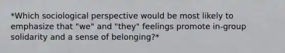 *Which sociological perspective would be most likely to emphasize that "we" and "they" feelings promote in-group solidarity and a sense of belonging?*