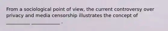 From a sociological point of view, the current controversy over privacy and media censorship illustrates the concept of __________ ____________ .