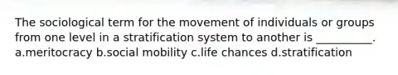 The sociological term for the movement of individuals or groups from one level in a stratification system to another is __________.​ a.​meritocracy b.​social mobility c.​life chances d.​stratification