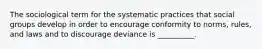 The sociological term for the systematic practices that social groups develop in order to encourage conformity to norms, rules, and laws and to discourage deviance is __________.​