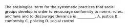 The sociological term for the systematic practices that social groups develop in order to encourage conformity to norms, rules, and laws and to discourage deviance is __________. A. justice B. conformity C. policing D. social control