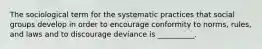 The sociological term for the systematic practices that social groups develop in order to encourage conformity to norms, rules, and laws and to discourage deviance is __________.