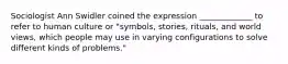 Sociologist Ann Swidler coined the expression _____________ to refer to human culture or "symbols, stories, rituals, and world views, which people may use in varying configurations to solve different kinds of problems."