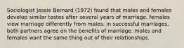 Sociologist Jessie Bernard (1972) found that males and females develop similar tastes after several years of marriage. females view marriage differently from males. in successful marriages, both partners agree on the benefits of marriage. males and females want the same thing out of their relationships.