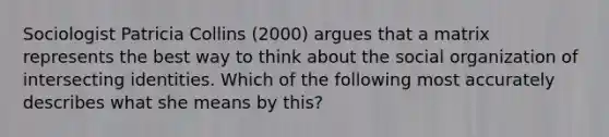 Sociologist Patricia Collins (2000) argues that a matrix represents the best way to think about the social organization of intersecting identities. Which of the following most accurately describes what she means by this?