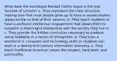 What does the sociologist Randall Collins argue is the true function of schools? a. They reproduce the class structure, making sure that most people grow up to have a socioeconomic status similar to that of their parents. b. They teach students to have a profound intellectual engagement that allows them to establish a meaningful relationship with the society they live in. c. They provide the hidden curriculum necessary to produce social solidarity in a nation of immigrants. d. They train a workforce in computer and technology skills so students can work in a twenty-first-century information economy. e. They teach traditional American values like respect, hard work, and punctuality.