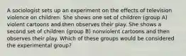 A sociologist sets up an experiment on the effects of television violence on children. She shows one set of children (group A) violent cartoons and then observes their play. She shows a second set of children (group B) nonviolent cartoons and then observes their play. Which of these groups would be considered the experimental group?