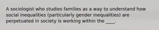 A sociologist who studies families as a way to understand how social inequalities (particularly gender inequalities) are perpetuated in society is working within the ____.