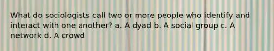 What do sociologists call two or more people who identify and interact with one another? a. A dyad b. A social group c. A network d. A crowd